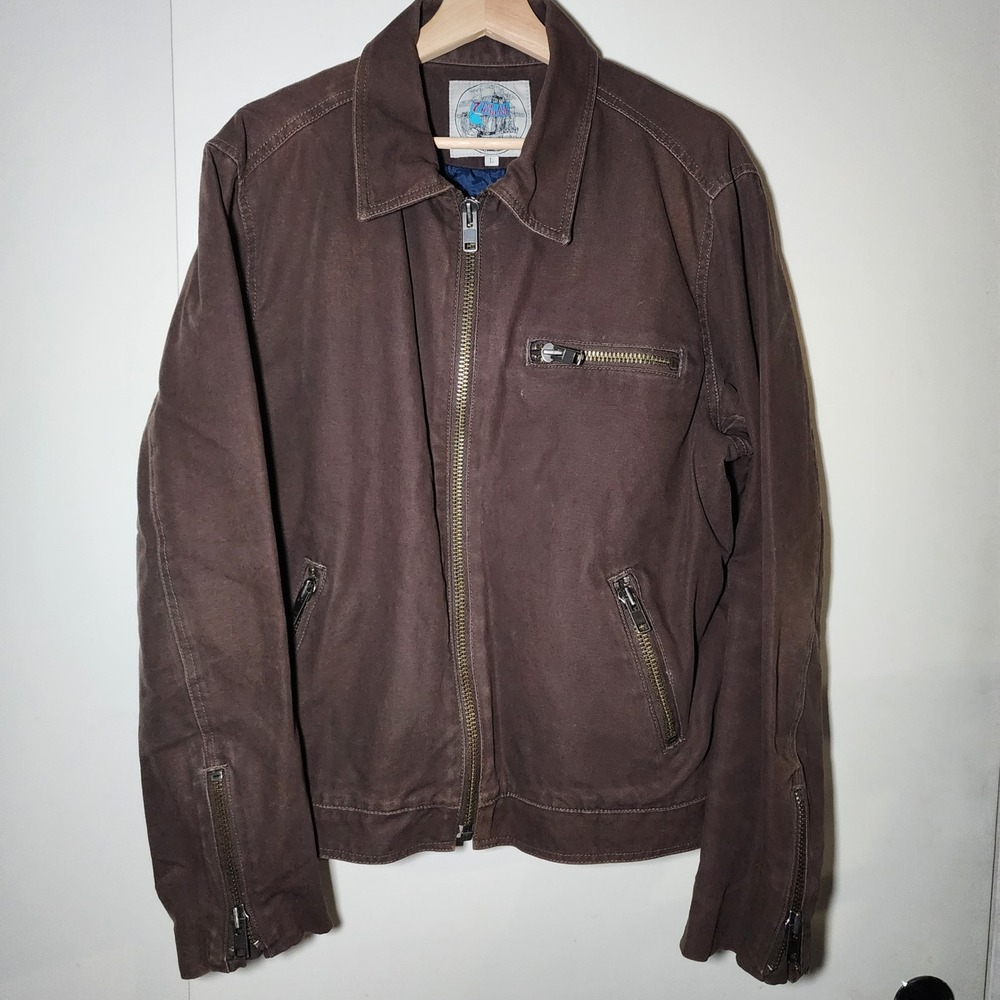 7 For All Mankind Canvas Jacket Mens L Brown Quilted Lining Full Zip Moto Wester